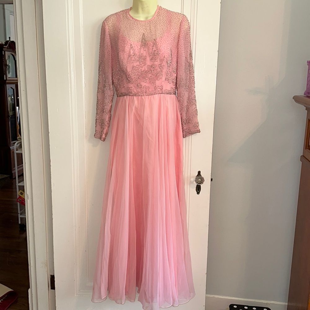Vtg‎ 80s Jack Bryan pink formal dressy maxi dress/silver beaded bodice & sleeves